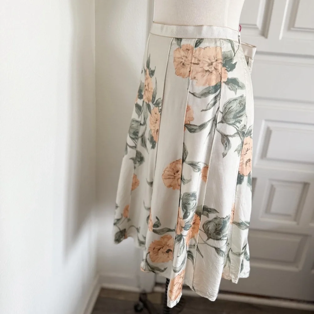 MNG Mango Peach & Green Floral Cream A-line Skirt Size 8